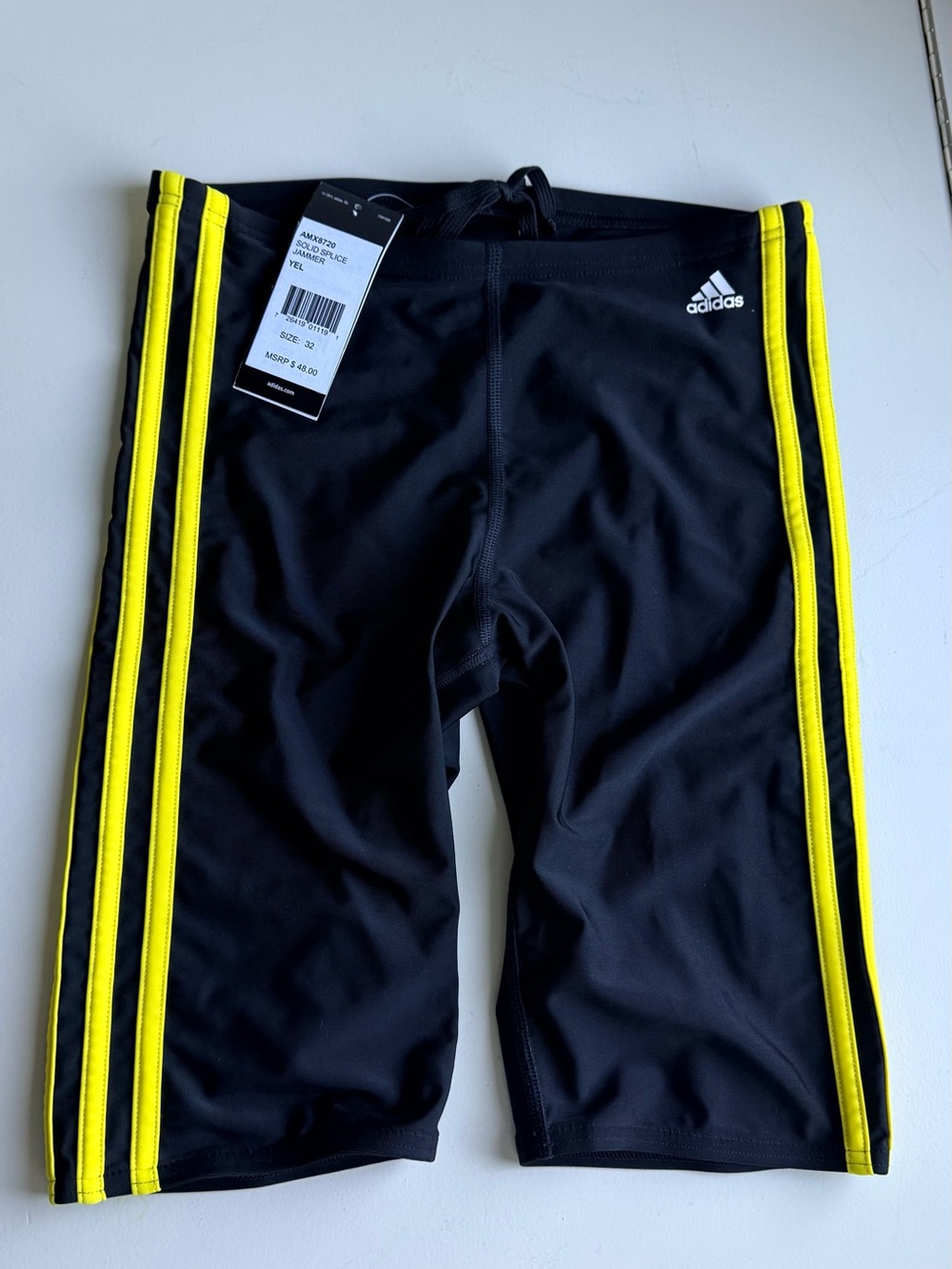 Adidas Mens Black Swim Jammer with Yellow Stripes